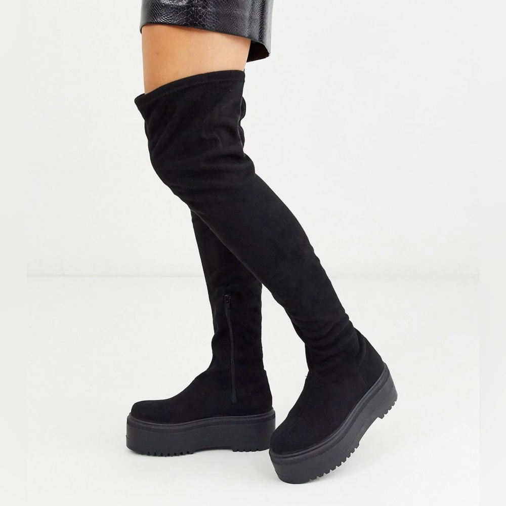ASOS DESIGN Wide Fit Katie chunky thigh high boots in black